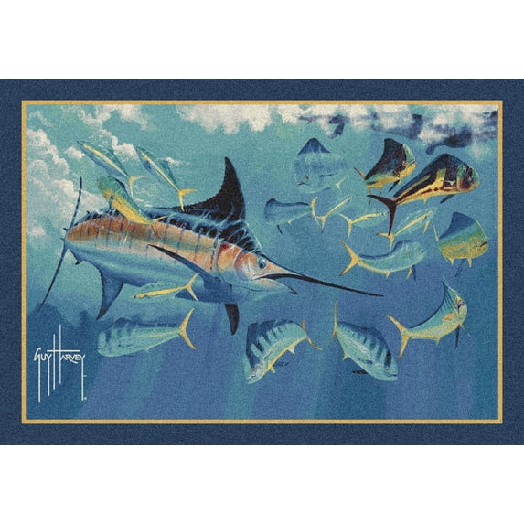 Milliken Blue Fish Fins Sea Nautical Area Rug Log Jam - Aprx 3' 10" x 5' 4"