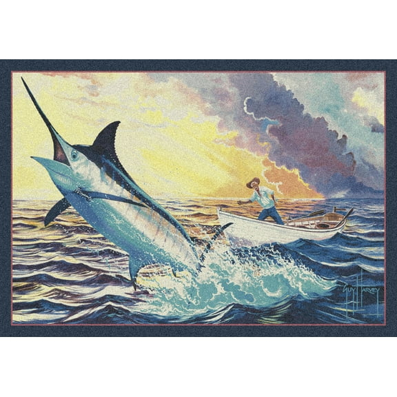 Milliken Blue Nautical Area Rug Old Man and the Sea - Aprx 5' 4" x 7' 8"