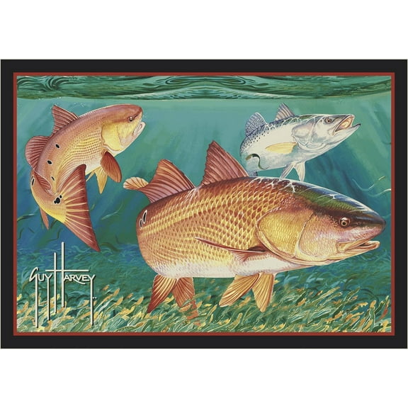 Milliken Orange Nautical Water Fins Area Rug Redfish - Aprx 5' 4" x 7' 8"