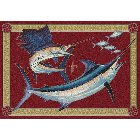 Milliken Red Nautical Fish Spears Area Rug Mini Slam - Aprx 3' 10" x 5' 4"