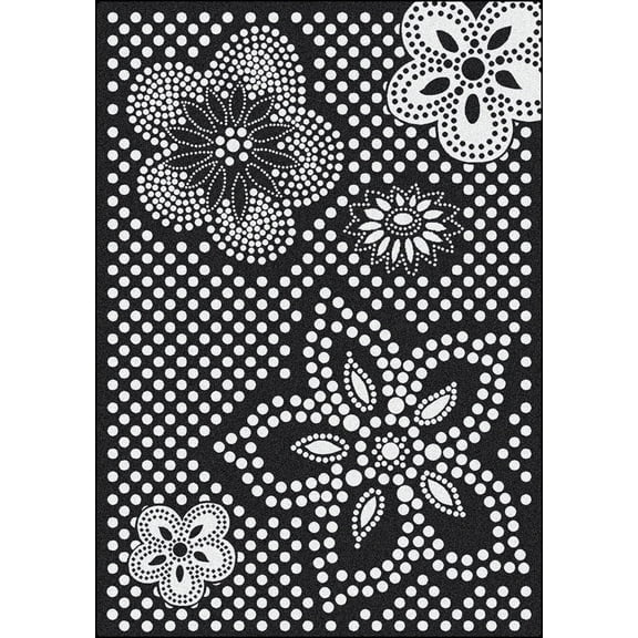 Milliken Black & White Area Rug Eyelet Mod Black Flowers Polka Dots 5' 4" x 7' 8" Rectangle
