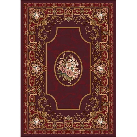Milliken Top 30 Area Rug Historic Dark Cherry Bordered Flowers 5' 4" x 7' 8" Rectangle