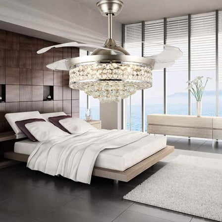 A Million 42" Crystal Ceiling Fan with Light Retractable Blades Brushed Nickel Modern LED Chandelier Remote 3 Colors 3 Speeds Change Silent Ceiling Fans Light