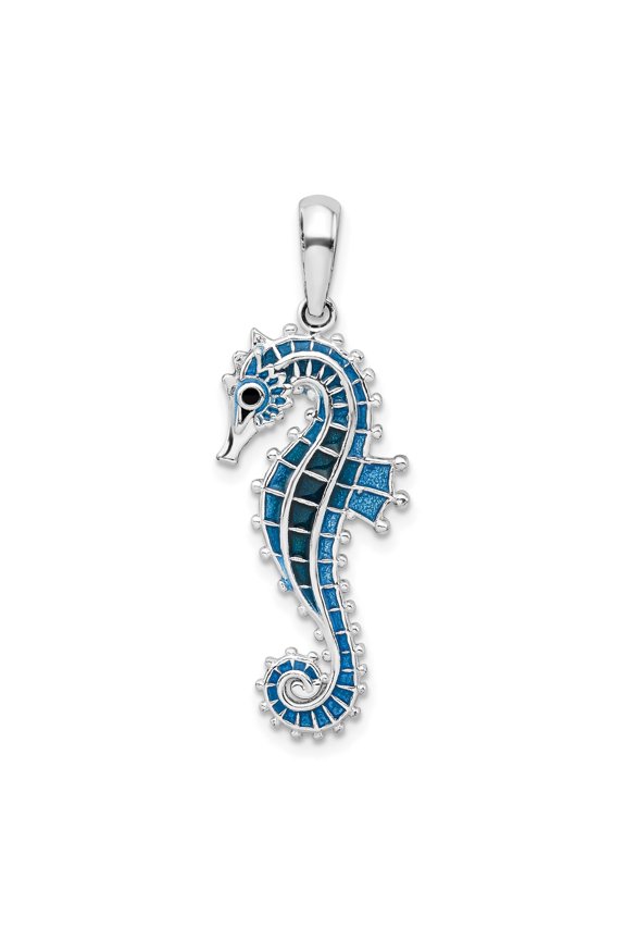 925 Sterling Nautical Sea Life Charm, Polished 3D Enameled Blue Seahorse Pendant