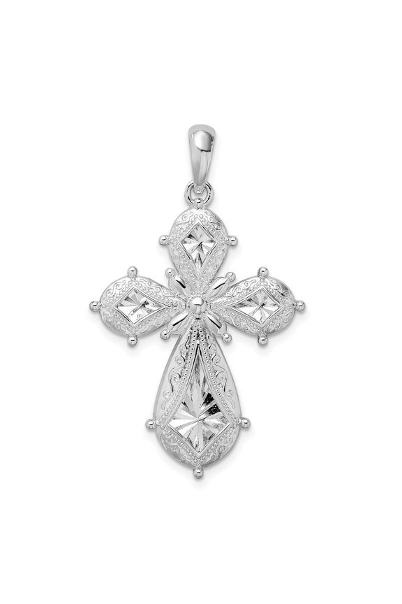 925 Sterling Silver Religious Charm, Fancy Scroll Diamond-cut Rounded Cross Pendant