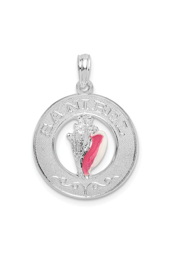 925 Sterling Silver Travel Charm, Polished Enameled Sanibel Circle with and Shell Pendant