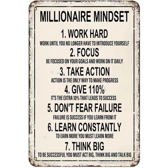 Millionaire Mindset Inspirational Wall Art Vintage Metal Signs Motivational Positive Quotes Decor Tin Poster for Home Farmhouse Bar Cafe Pub Garage Man Cave Room 12 x 8 Inch