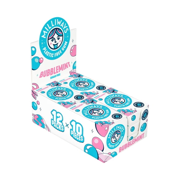 Milliways Bubblemint Chewing Gum, Plastic Free, Sugar Free, Aspartame Free, Natural | 12 Packs of 10 Pieces (120 Pieces Total) | Xylitol, Plant-Based, Biodegradable