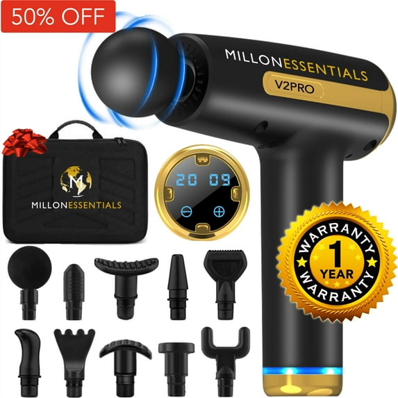 Millonessentials V2Pro Deep Tissue Muscle Massager - Percussion Massage Gun - 20 Speeds - 10 Heads