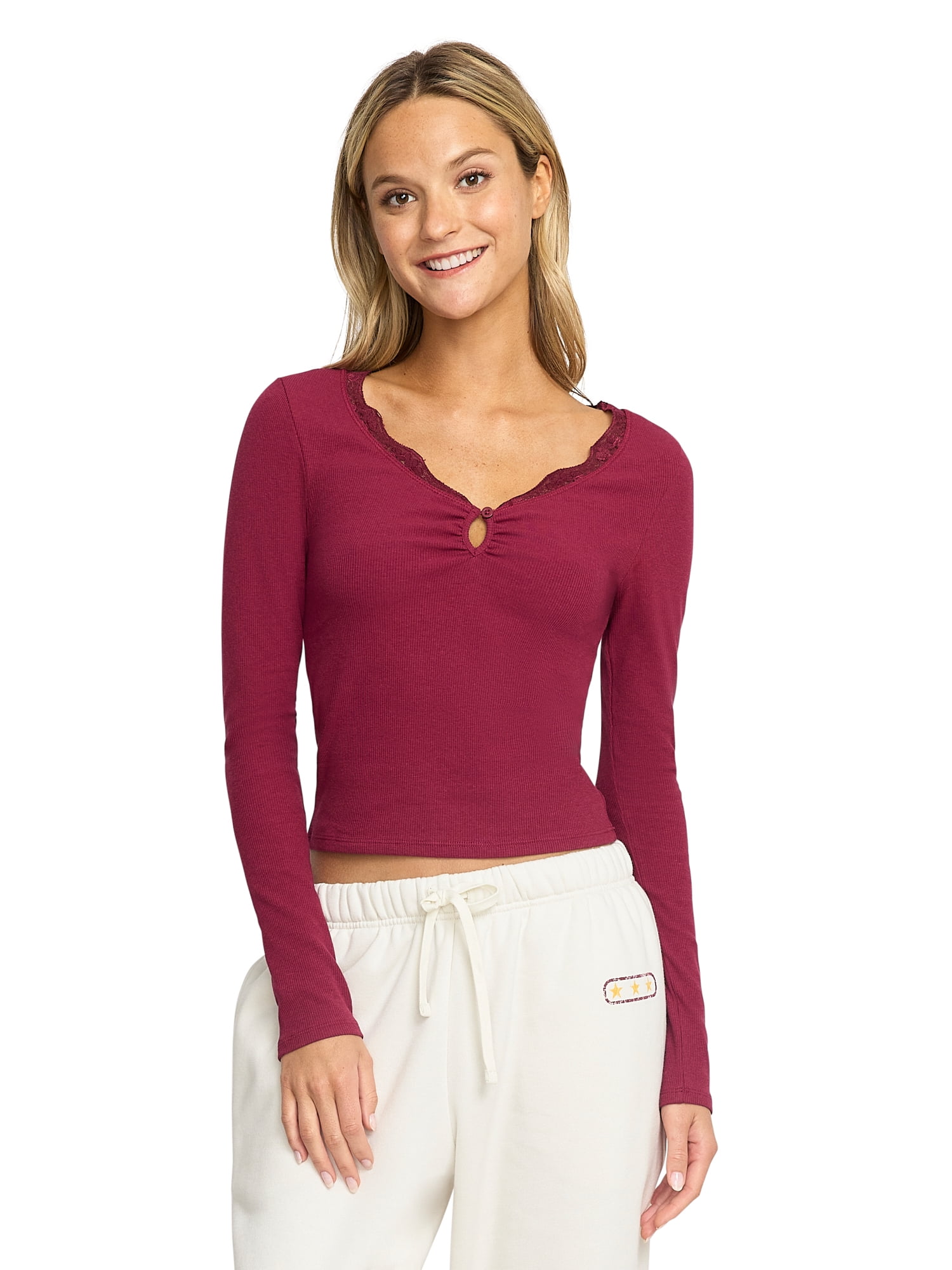 Mills by Millie Bobby Brown Women's Cut and Sew Henley Long Sleeve Top, Sizes XXS-XXXL