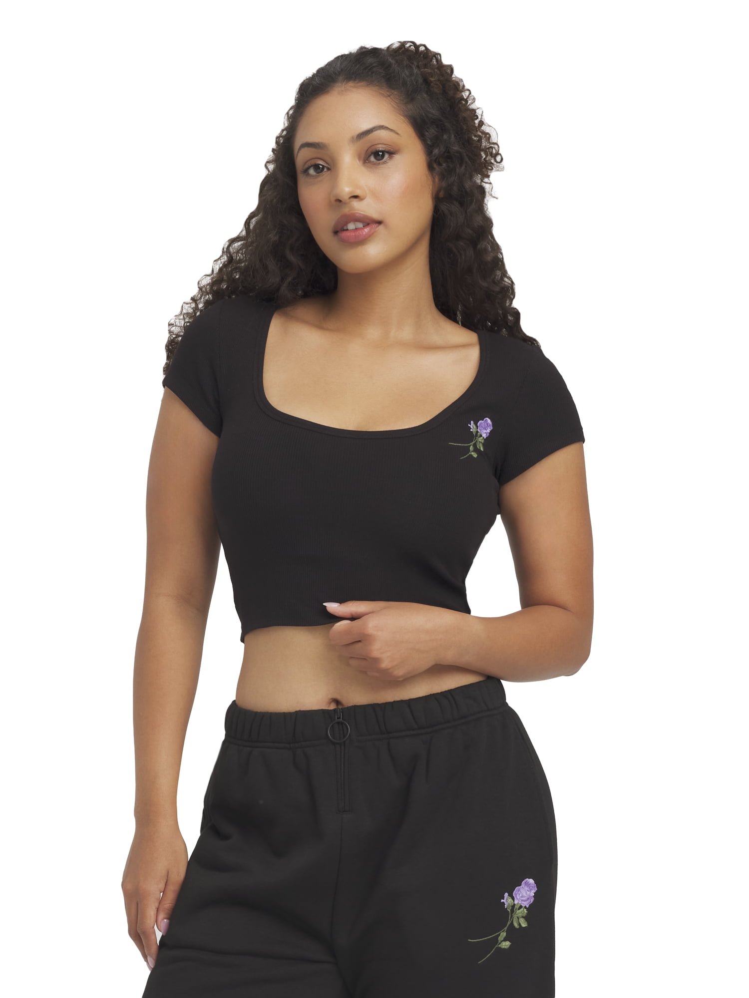 Mills by Millie Bobby Brown Women's Embroidery Ribbed Short Sleeve Crop T-Shirt, Sizes XXS-XXL