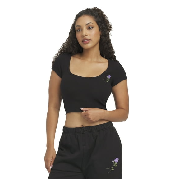 Mills by Millie Bobby Brown Women's Embroidery Ribbed Short Sleeve Crop T-Shirt, Sizes XXS-XXL