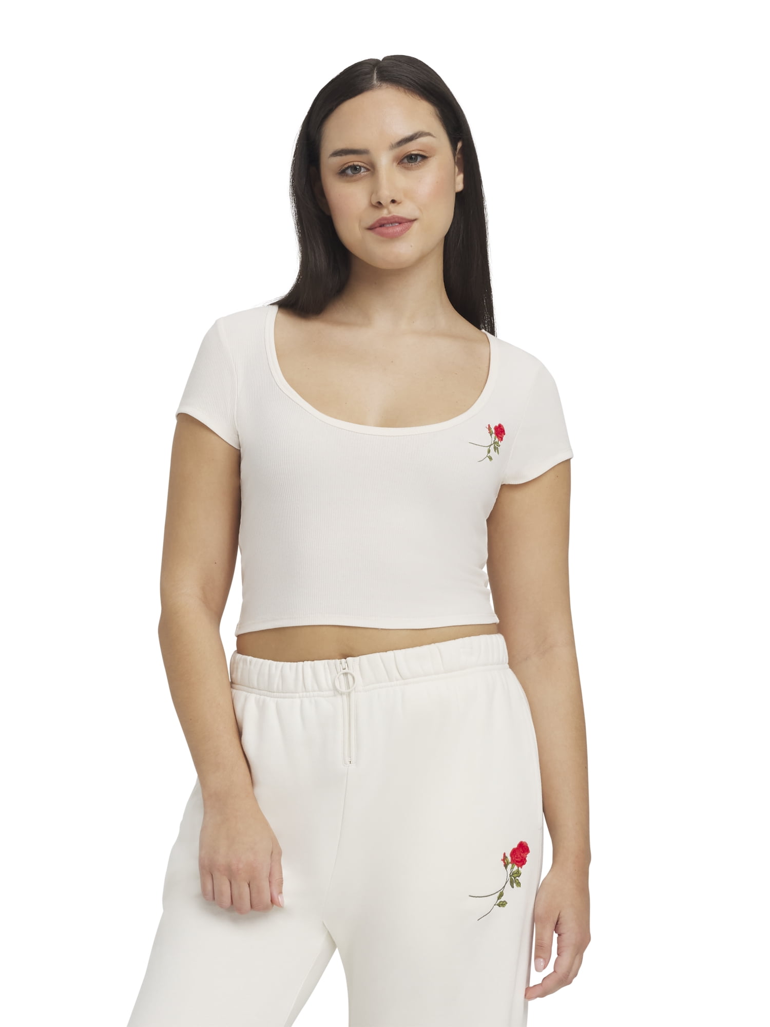 Mills by Millie Bobby Brown Women's Embroidery Ribbed Short Sleeve Crop T-Shirt, Sizes XXS-XXL