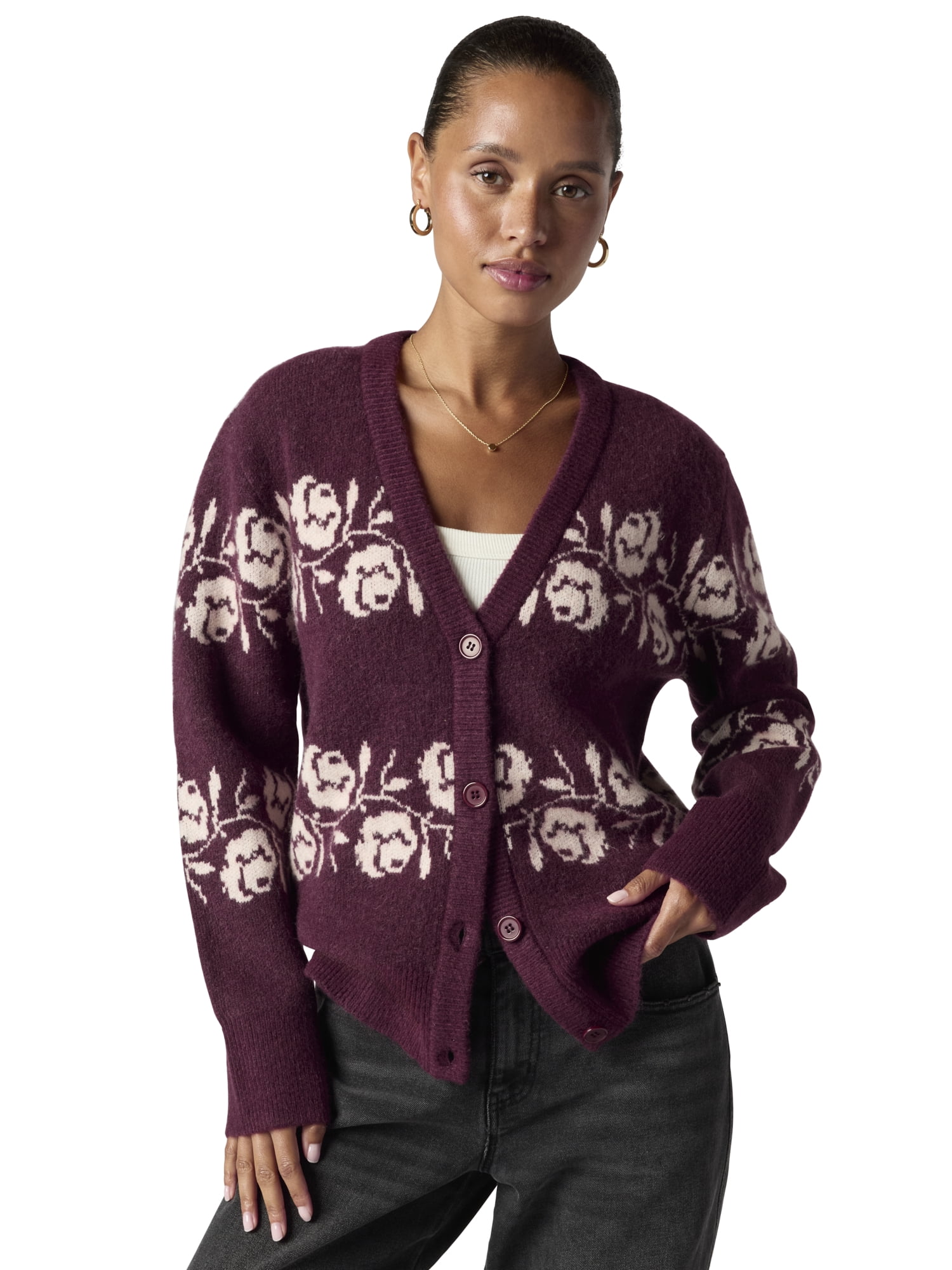 Mills by Millie Bobby Brown Women's Floral Jaquard Sweater Cardigan, Sizes XXS- XXL