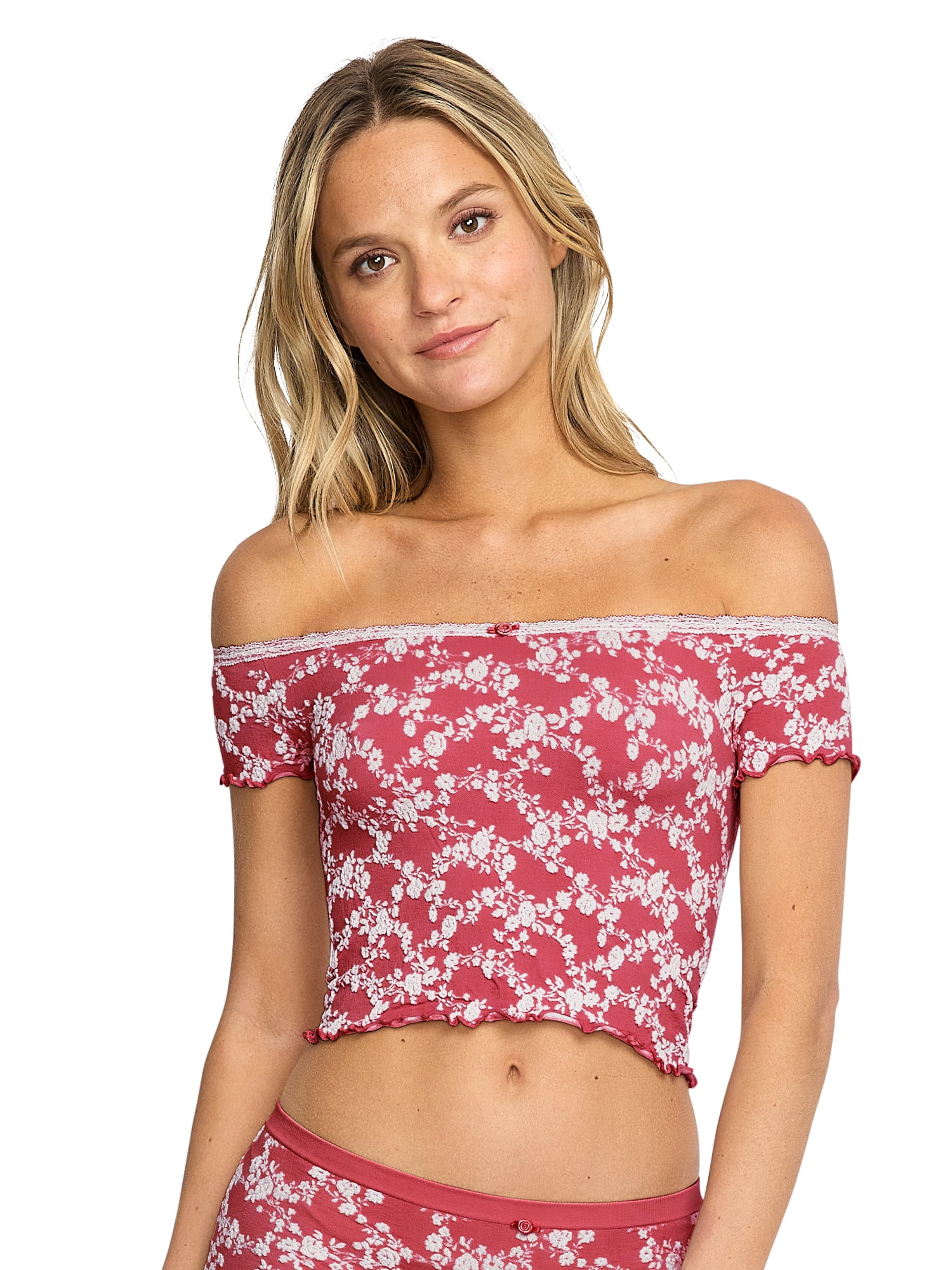 Mills by Millie Bobby Brown Women's Floral Seamless Off-Shoulder Crop Top, Sizes XS-XXXL