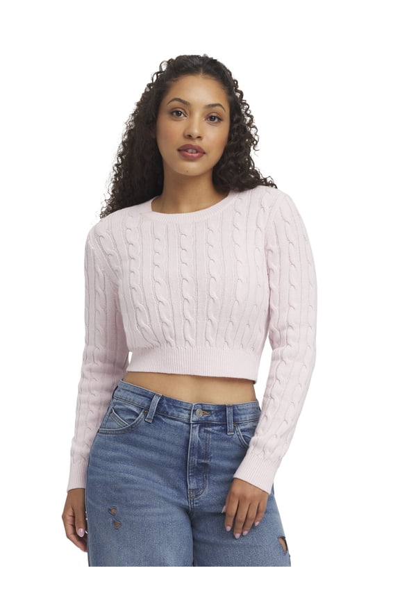 Women's Long Sleeve Crop Cable Sweater, Sizes XXS-XXL