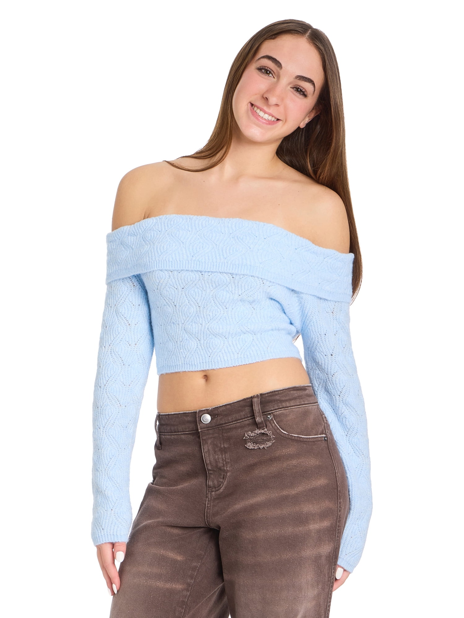 Mills by Millie Bobby Brown Women's Pointelle Foldover Sweater, Sizes XXS- 4X
