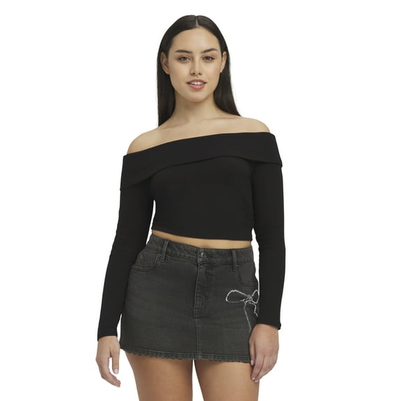 Mills by Millie Bobby Brown Women's Ribbed Off the Shoulder Long Sleeve Sweater, Sizes XXS-XXL