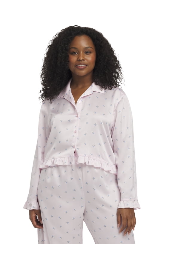 Women's Sleep Satin PJ Top with Ruffle, Sizes XS-XXXL