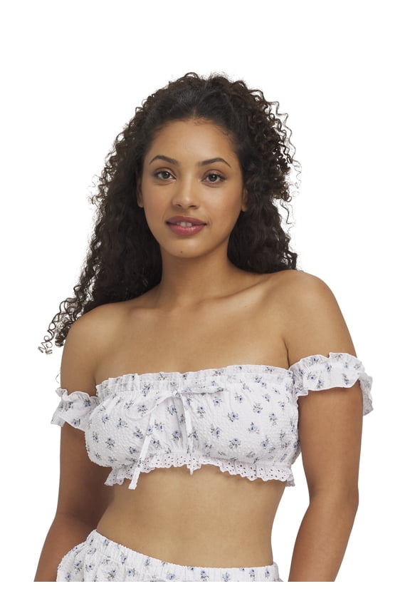 Women's Seersucker Off Shoulder Crop Top, Sizes XS-XXXL