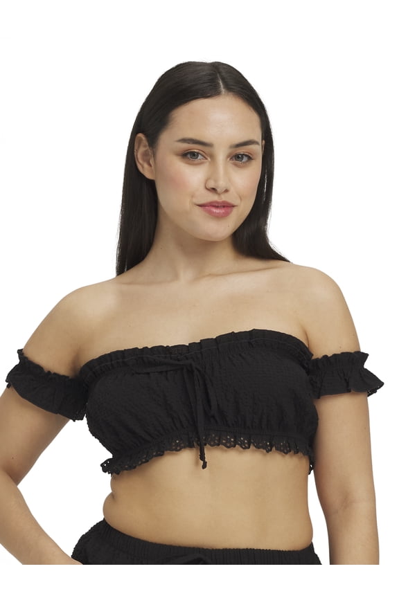 Women's Seersucker Off Shoulder Crop Top, Sizes XS-XXXL