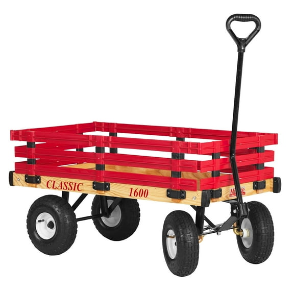 Millside Industries Classic Wood Wagon Cart with Removable Plastic Side Racks and Pneumatic Tires for Outdoor Hauling, Red,  20" x 38"