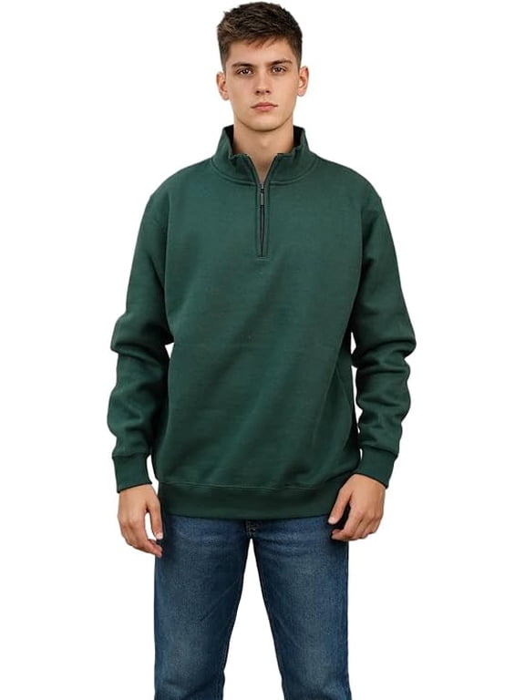 Unisex Heavyweight Quarter Zip Fleece Jacket – Soft Cotton Blend Pullover Sweatshirt, High Neck Collar, Full Sleeve Warm Winter Casual Outerwear-Forest