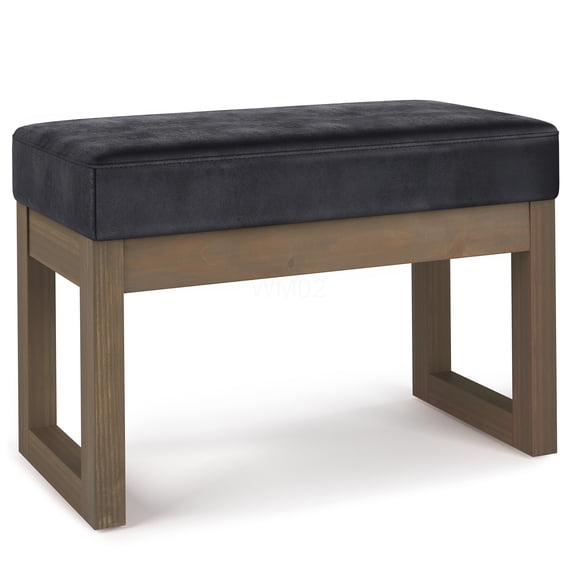 Milltown Distressed Black Faux Leather Ottoman Bench, Small Footstool with Solid Wood Frame for Living Room