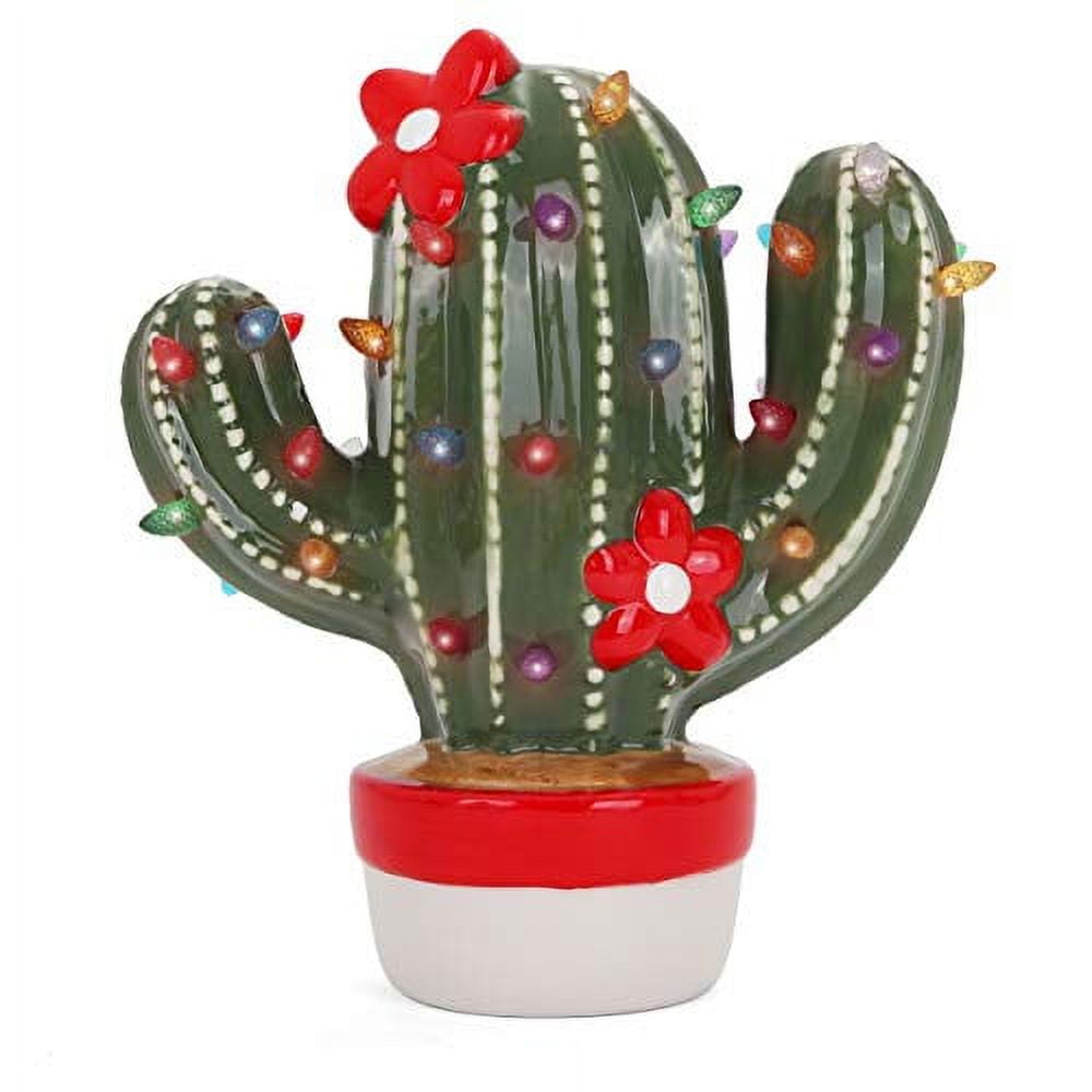Green Ceramic Christmas Cactus with LED Lights