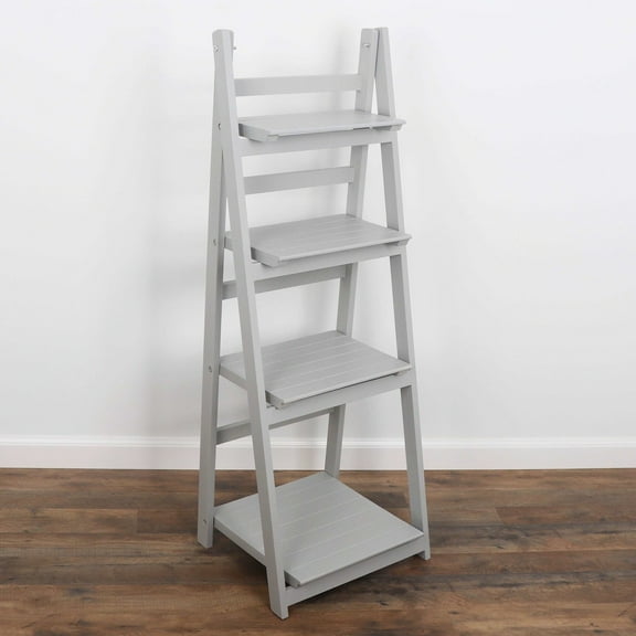 Milltown Merchants Distressed Ladder Shelf - Rustic Leaning Bookshelf - Light Grey