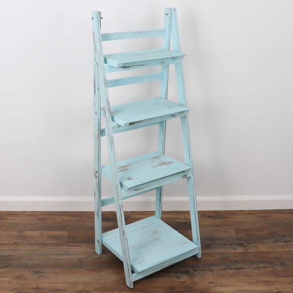 Milltown Merchants Distressed Ladder Shelf - Rustic Leaning Bookshelf - Turquoise