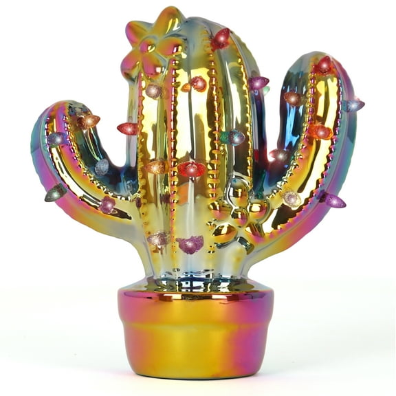 Milltown Merchants Lighted Ceramic Table Top Christmas Cactus