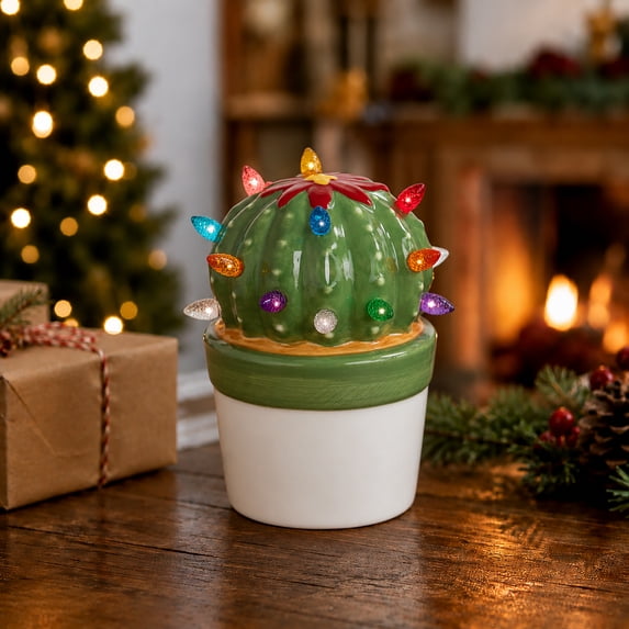 Milltown Merchants Lighted Green Ball Cactus Ceramic Christmas Tree
