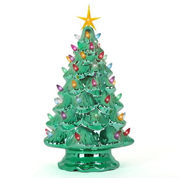Milltown Merchants Multi-color Light Tabletop Christmas Tree, Ceramic Emerald Green, 15.5"
