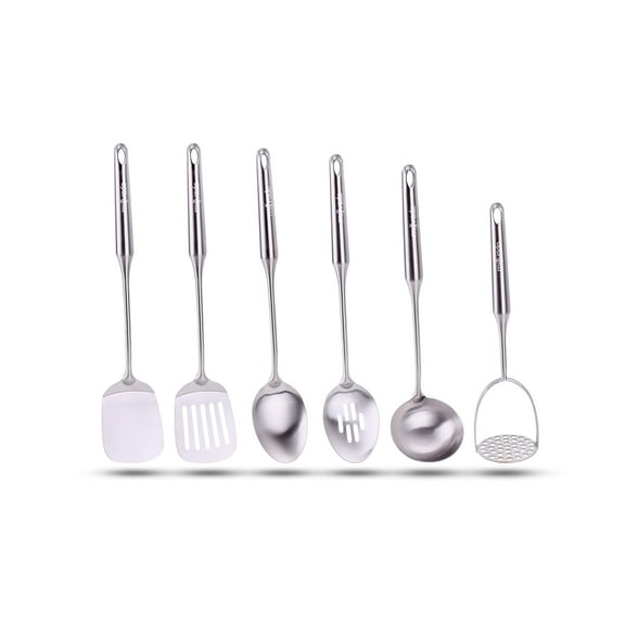 Millvado Ergonomic Stainless Steel Utensil Set - 6 Kitchen Tools: Spoon, Turner, Ladle, Masher
