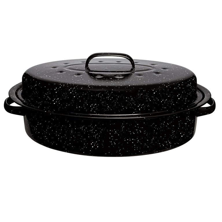Millvado Granite Roasting Pan, 12 lb Capacity Turkey Roasting Pan with Lid,  16 Granite Oven Roaster Oval Shaped Speckled Enamel on Steel Cookware