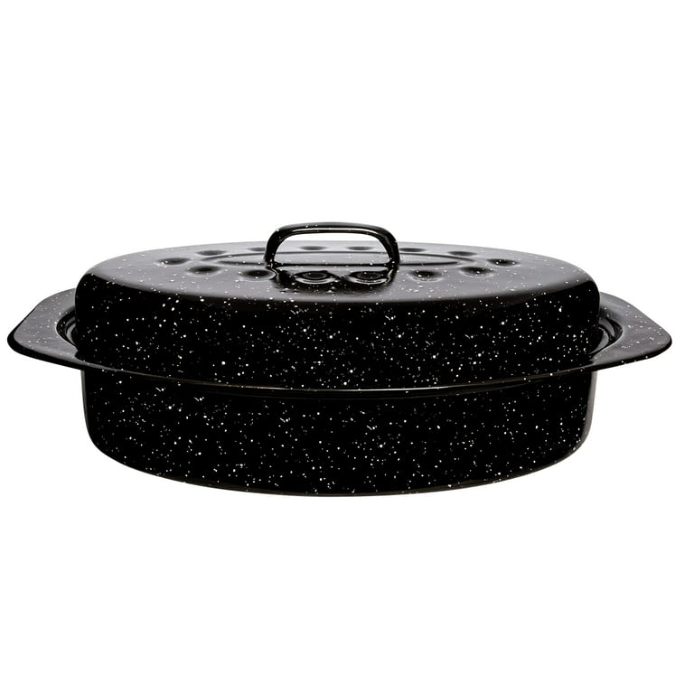 Millvado Roasting Pan with Lid, Turkey Roaster Pan, 13 Granite Oven Roaster Oval Shaped Speckled Enamel on Steel Cookware
