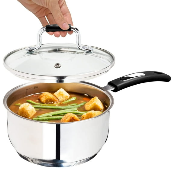 Millvado Sauce Pan, Stainless Steel 2.4 Quart Sauce Pan with Clear Glass Lid and Permanent Measurement Markings, Small Boiling Pot, Induction, Gas Electric Compatible
