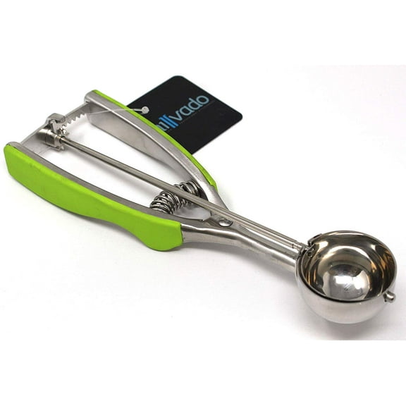 Millvado Stainless Steel Ice Cream / Cookie Scoop | Small Sized, With Green Rubber Grips, Spring Loaded Lever Design, For Sorbet, Melon, Meatballs, Muffins, and More, 1 Ounce Scooper