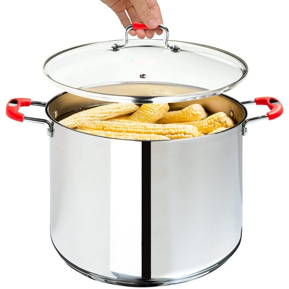 Millvado Stock Pot, Large Stainless Steel 17 Quart StockPot, Large Cooking Pot, Clear Glass Lid and Measurement Markings, Steam Hole, Induction, Gas, Electric Compatible Big Boiling Pot