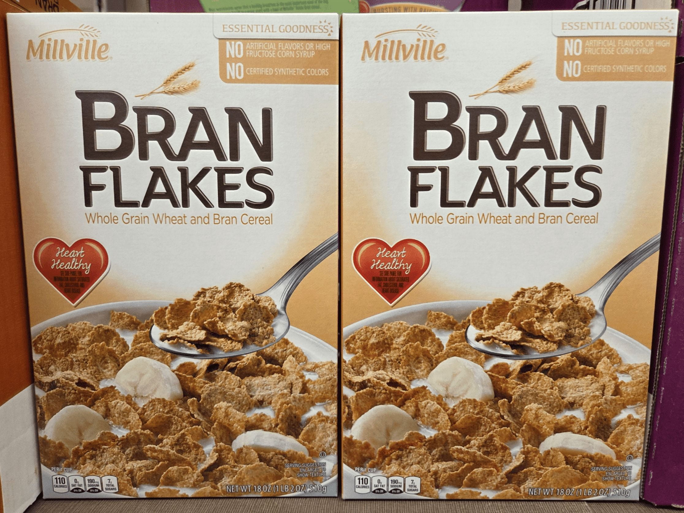 Millville Bran Flakes Whole Grain Wheat and Bran Cereal 18oz 510g (2 Boxes)