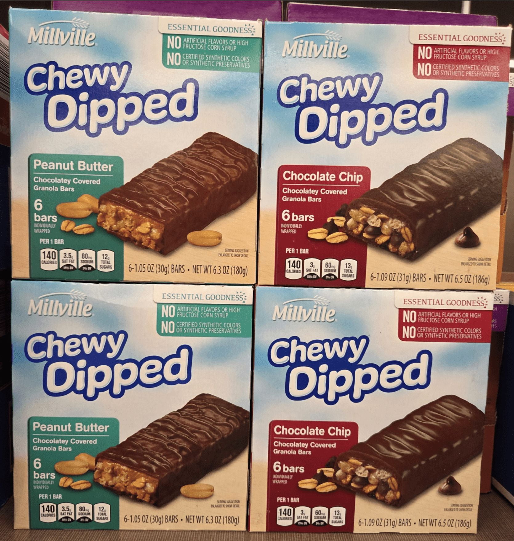 Millville Chewy Dipped Peanut Butter & Chocolate Chip Granola Bars 6.3oz 180g (4 Boxes)