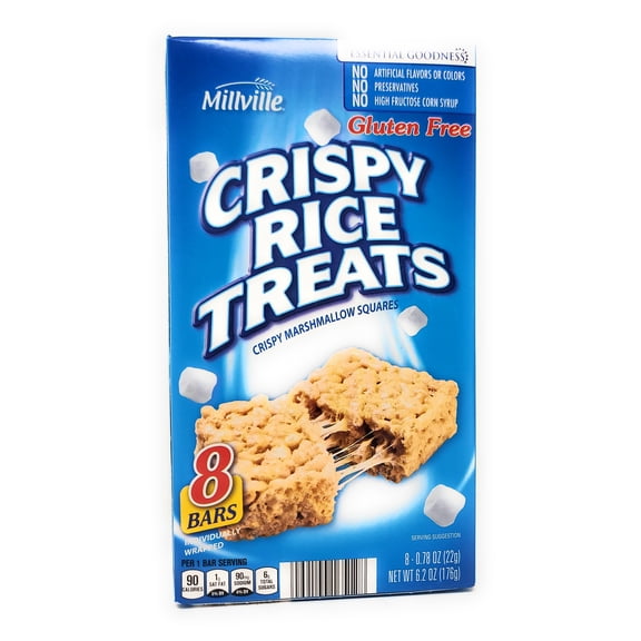 Millville Crispy Rice Treats Marshmallow Squares, Gluten Free, No Artificial Flavors, No High Fructose Corn Syrup, 8 Bars, 6.2 Oz