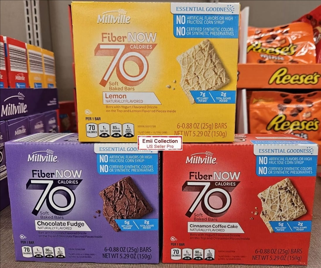 Millville Fiber NOW 70 Calories Soft Baked Bars Lemon, Chocolate Fudge, Cinnamon Coffee Cake 5.29oz 150g (3 Boxes)