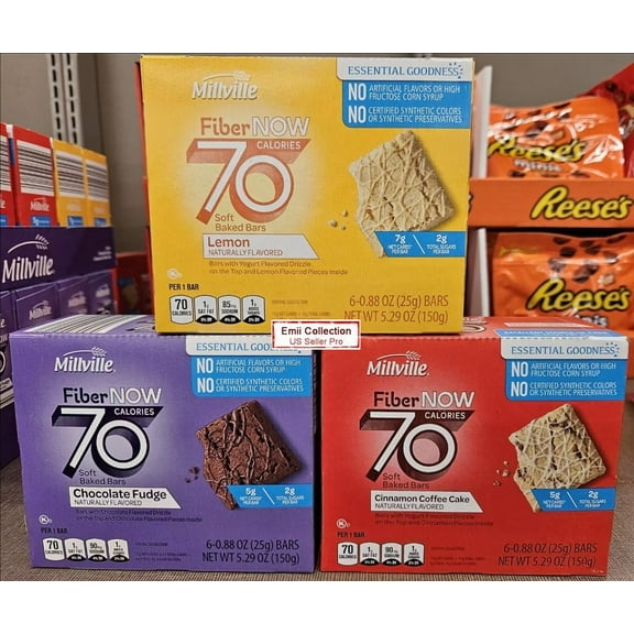 Millville Fiber NOW 70 Calories Soft Baked Bars Lemon, Chocolate Fudge, Cinnamon Coffee Cake 5.29oz 150g (3 Boxes)