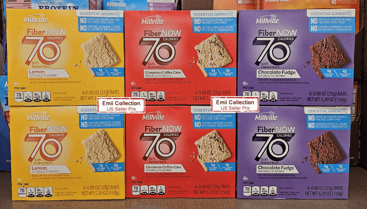 Millville Fiber NOW 70 Calories Soft Baked Bars Lemon, Chocolate Fudge, Cinnamon Coffee Cake 5.29oz 150g (6 Boxes)