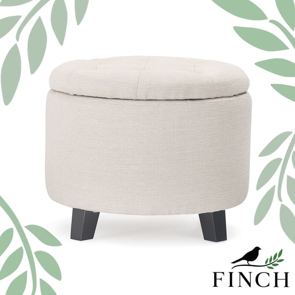Finch Bennett Upholstered Button Tufted Storage Ottoman for Small Space, Ivory
