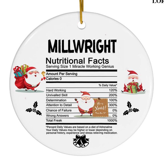Millwright Nutrition Facts Christmas Ceramic Ornament, Funny Career Appreciation Gift, Holiday Tree Décor