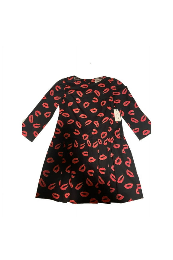 Girls Drop Waist Sleeve Dress, Black and Coral Lipstick Print, Size 10