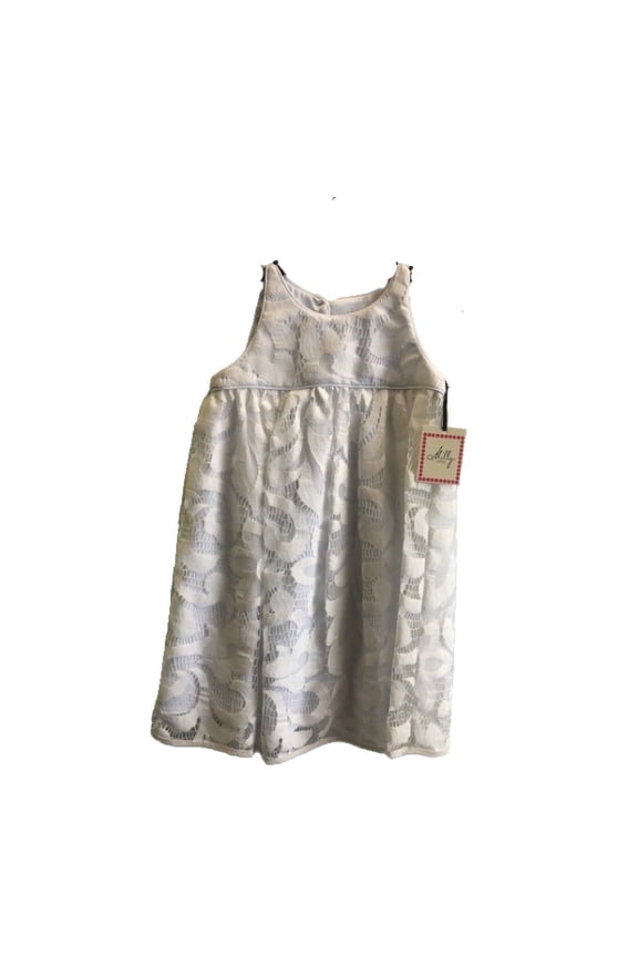Girls Piped Lace Dress, White, Size 7